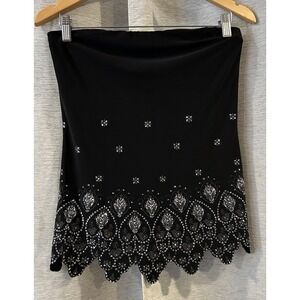 Vintage Perception‎ Bedazzled Paisley Tube Top Black Y2K Streetwear Strapless L